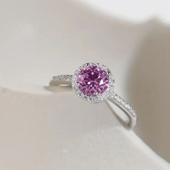 Pink 1ct Moissanite Lab Diamond Ring, Size 7, Silver - Picture 1 of 5